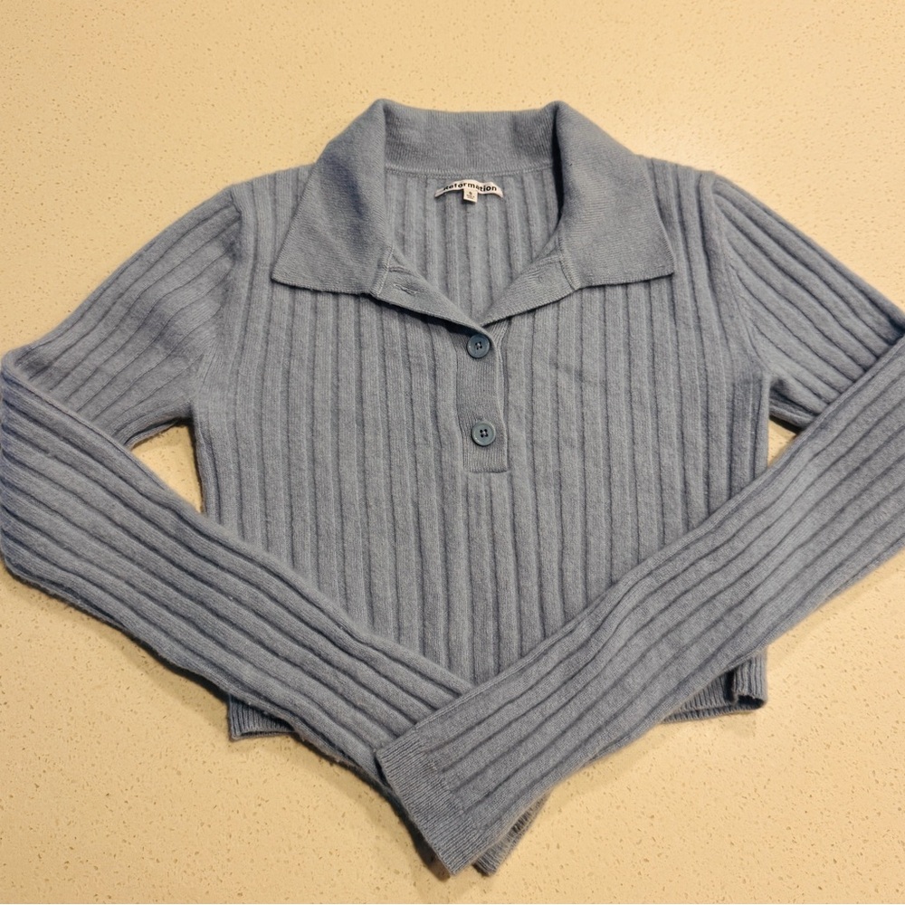 Reformation Clancey Cropped Cashmere Light Blue Ribbed Cardigan